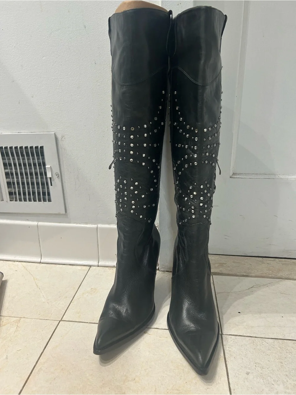 Leather House of Dereon Black Studded Knee-High Women's Boots